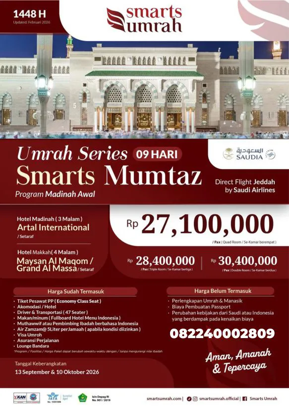 Harga Paket Umrah Oktober 2026: Program Smarts Mumtaz 9 Hari