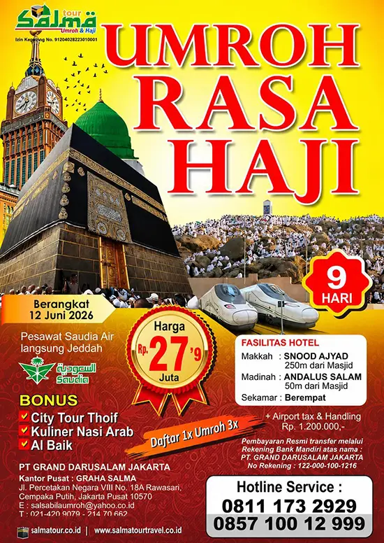 Brosur rincian harga umroh Juni 2026 terbaru plus wisata ke kota Thaif dengan maskapai Saudia Airline